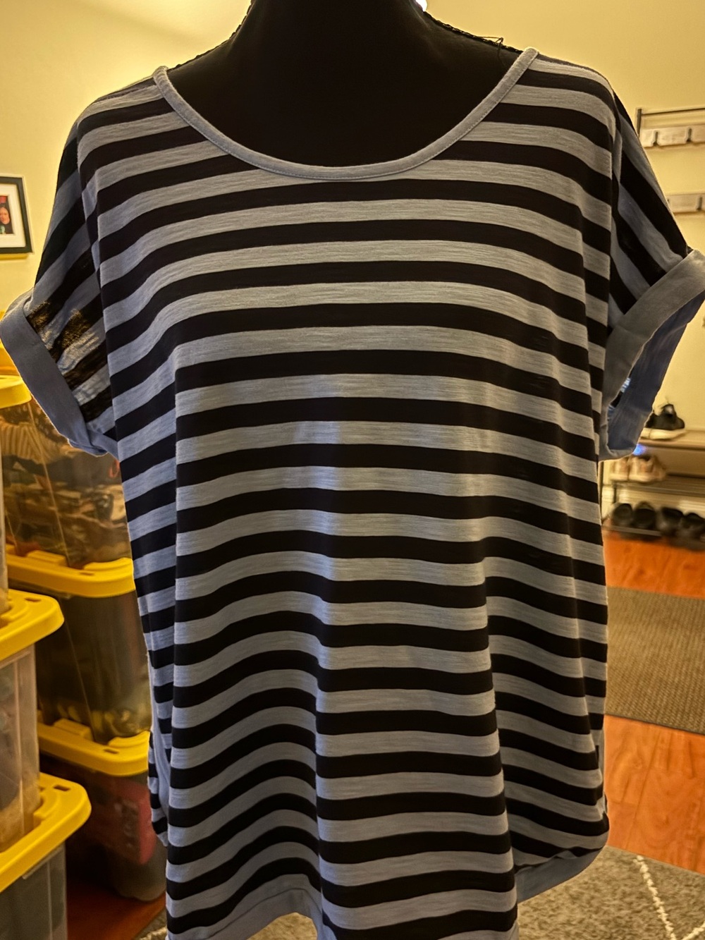 Liz Claiborne Blue and Light Gray Striped Short-Sleeve Tee